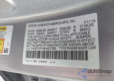 2019 Honda Accord Lx z USA, uszkodzony, nr VIN 1HGCV1F14KA037586